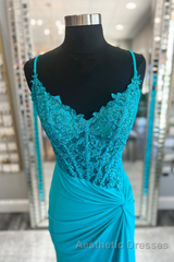 Jade Appliques Straps Twist Knot Mermaid Satin Long Evening Prom Dresses