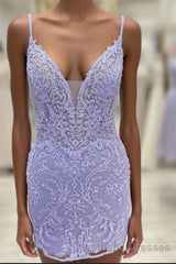 Plunging Neck Lavender Embroidery Bodycon Homecoming Dresses