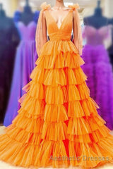 Bow Straps Orange V-Neck Ruffled Tulle Long Evening Prom Dresses with Slit