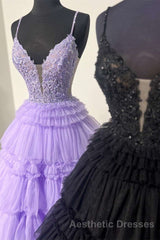 Plunging V-Neck Straps Appliques Layered Evening Prom Dresses