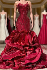 Fabulous Burgundy Long Mermaid Spaghetti Straps Satin Lace Evening Prom Dresses