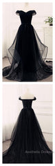 Flowy Tulle Off Shoulders Tulle Black Evening Prom Dresses