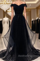 Flowy Tulle Off Shoulders Tulle Black Evening Prom Dresses