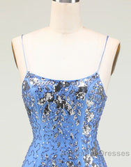 Glitter Blue Spaghetti Straps Beaded Sequins Short Tight Homecoming Dresses