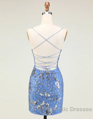 Glitter Blue Spaghetti Straps Beaded Sequins Short Tight Homecoming Dresses