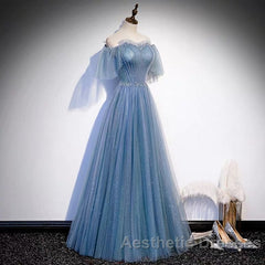 Glitter Fairytale Tulle Dusty Blue Evening Prom Dresses