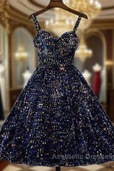 Glitter Navy Blue Sequin Short Evening Prom Dresses