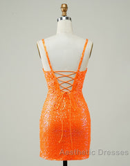 Glitter Orange Spaghetti Straps Orange Tight Sequined Homecoming Dresses