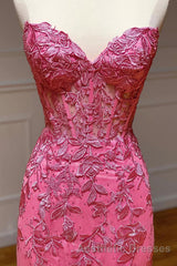 Coral Sweetheart Lace-Up Long Mermaid Evening Prom Dresses with Appliques