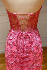 Coral Sweetheart Lace-Up Long Mermaid Evening Prom Dresses with Appliques