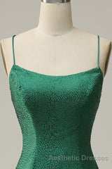 Mermaid Spaghettti Straps Dark Green Sequins Long Evening Prom Dresses with Split Front