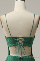 Mermaid Spaghettti Straps Dark Green Sequins Long Evening Prom Dresses with Split Front