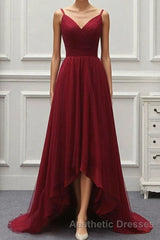 A Line High Low Tulle Evening Prom Dresses with Train, Burgundy V Neck Backless Formal Dresses