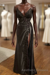 Black V-Neckline Straps Tulle With Lace Party Dresses, A-Line Black Evening Prom Dresses Evening Prom Dresses