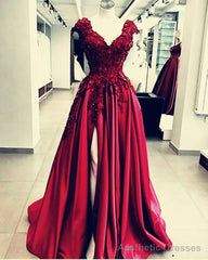 Lace Flowers Beaded Cap Sleeves V Neck Prom Dresses, Split Evening Gowns