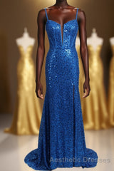 Royal Blue Sequin Mermaid Long Evening Prom Dresses