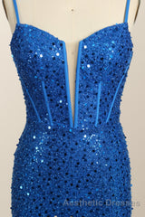Royal Blue Sequin Mermaid Long Evening Prom Dresses