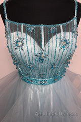 Light Green Spaghetti Straps Tulle Evening Prom Dresses with Beading Crystal