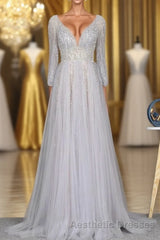 Amazing Long Gray Beading Evening Prom Dresses Modest Evening Prom Gowns