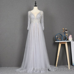 Amazing Long Gray Beading Evening Prom Dresses Modest Evening Prom Gowns