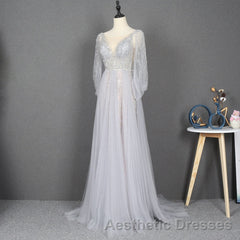 Amazing Long Gray Beading Evening Prom Dresses Modest Evening Prom Gowns