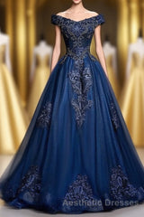 Off The Shoulder Lace Up Floor Length Princess Evening Prom Dresses With Lace Appliques