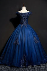 Off The Shoulder Lace Up Floor Length Princess Evening Prom Dresses With Lace Appliques