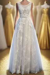 Ivory And Light Blue Long A-line Lace Up Cute Evening Prom Dresses Party Dresses