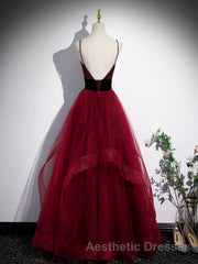 Wine Red Straps Beaded Sweetheart Tulle Formal Dresses, Wine Red A-Line Evening Prom Dresses
