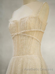 Champagne Tulle Long Evening Prom Dresses, Champagne Tulle Formal Dresses