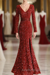 Wine Red Long Sleeves Mermaid Long Formal Dresses, Wine Red Evening Prom Dresses