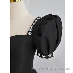 Black Sweetheart Short Sleeves Beaded Party Dresses, A-Line Black Satin Evening Prom Dresses