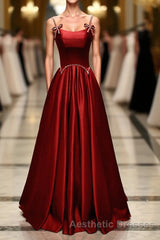 Wine Red Satin Straps Round Neckline Party Dresses, Wine Red Long Evening Prom Dresses