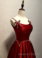 Wine Red Satin Straps Round Neckline Party Dresses, Wine Red Long Evening Prom Dresses