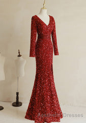 Wine Red Long Sleeves Mermaid Long Formal Dresses, Wine Red Evening Prom Dresses