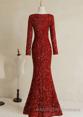 Wine Red Long Sleeves Mermaid Long Formal Dresses, Wine Red Evening Prom Dresses