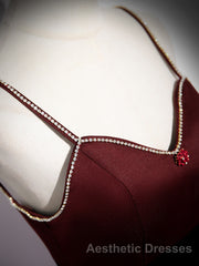 Wine Red Straps Beaded Sweetheart Tulle Formal Dresses, Wine Red A-Line Evening Prom Dresses