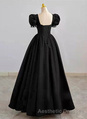 Black Sweetheart Short Sleeves Beaded Party Dresses, A-Line Black Satin Evening Prom Dresses
