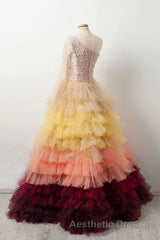 Unique Multi Color Layered One Shoulder Long Sleeves Evening Prom Dresses Formal Gown