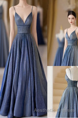 Blue V-Neckline Straps Low Back A-Line Evening Prom Dresses, Blue Long Evening Prom Dresses