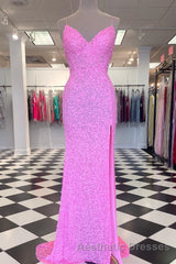 Mermaid Purple Sequin Long Evening Prom Dresses with Slit