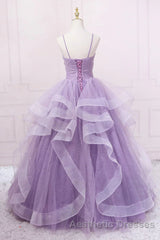 Princess Lavender Sparkly Spaghetti Straps Long Evening Prom Dresses Floor Length Evening Prom Gown