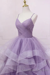 Princess Lavender Sparkly Spaghetti Straps Long Evening Prom Dresses Floor Length Evening Prom Gown