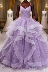 Princess Lavender Sparkly Spaghetti Straps Long Evening Prom Dresses Floor Length Evening Prom Gown