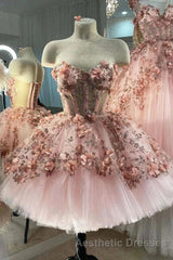 Princess Sparkly Sweetheart Evening Prom Dresses with 3d Flowers, Pink Quinceanera Dresses
