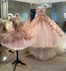 Princess Sparkly Sweetheart Evening Prom Dresses with 3d Flowers, Pink Quinceanera Dresses