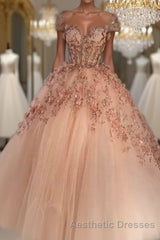 Princess Sparkly Sweetheart Evening Prom Dresses with 3d Flowers, Pink Quinceanera Dresses