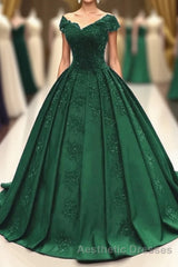 ball gown satin  lace v neck Evening Prom Dresses