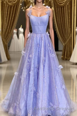 Purple Spaghetti Straps Long A line Evening Prom Gown Handmade Flower Evening Prom Dresses