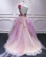 Puffy One Shoulder Sleeveless Tulle Evening Prom Dresses with Flowers, Ruffles Quinceanera Dresses
